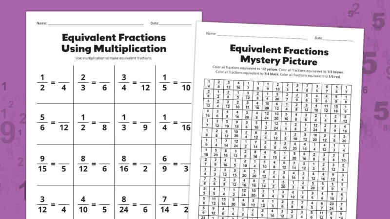 Equivalent Fractions Multiplication and Mystery Picture Flat lays of equivalent fractions worksheets on a purple background