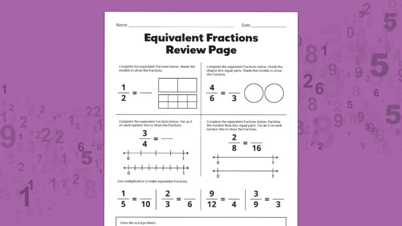 Equivalent Fractions Review Flat lays of equivalent fractions worksheets on a purple background