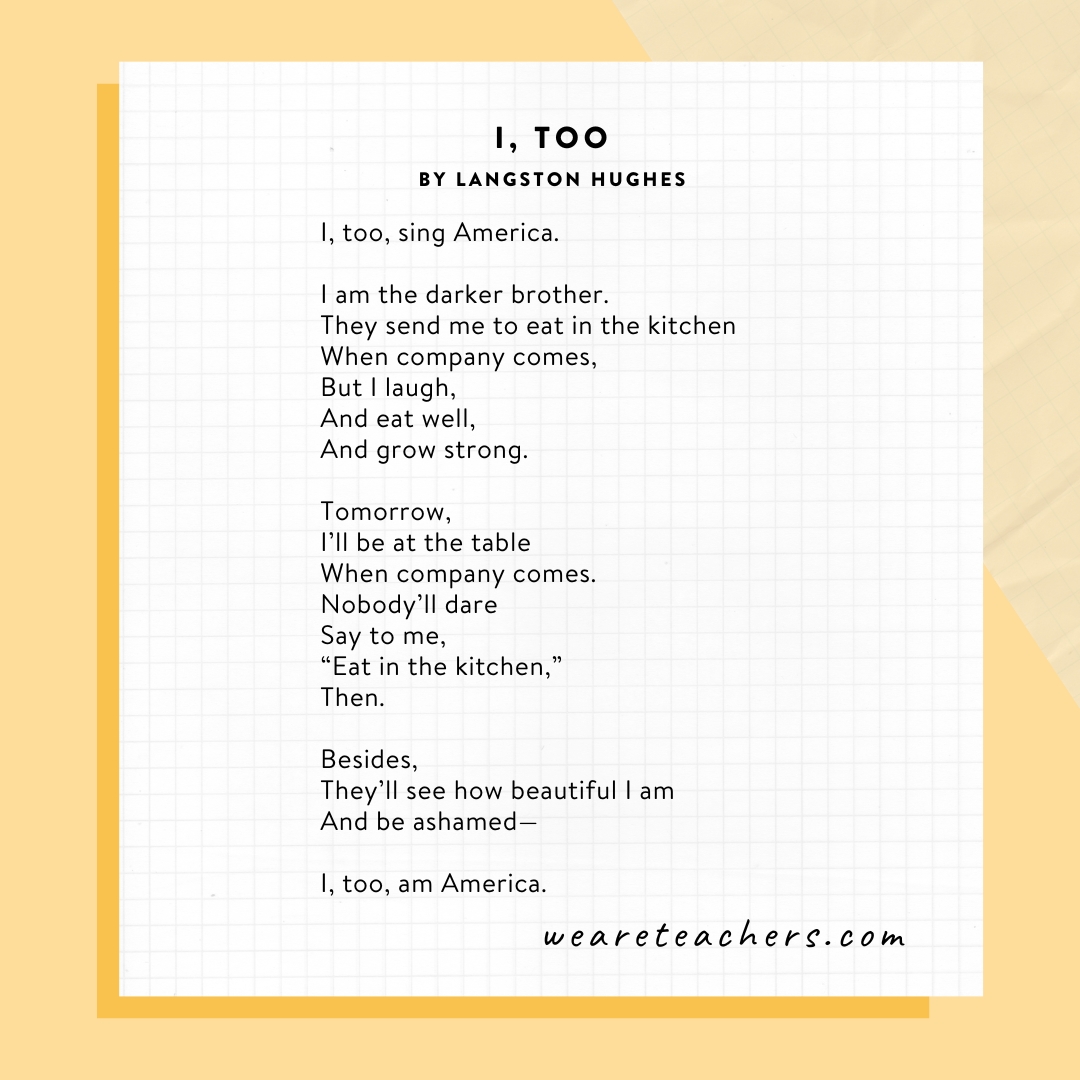 Famous Poems 5 I, Too by Langston Hughes.
