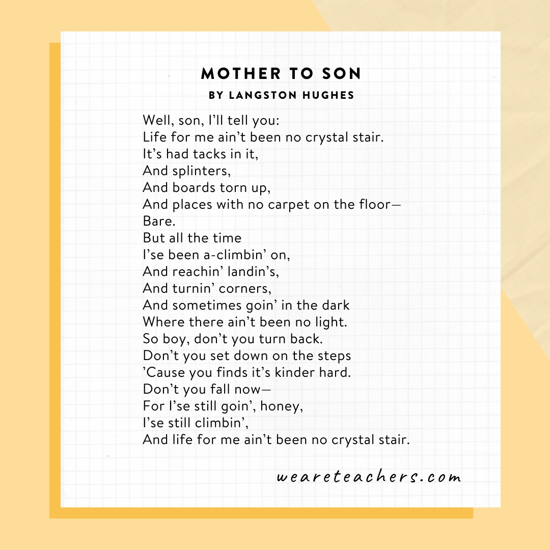 Famous Poems 6 Mother to Son by Langston Hughes.