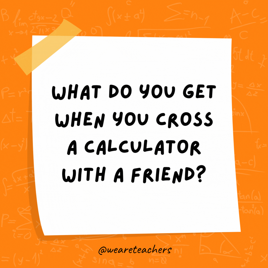 What do you get when you cross a calculator with a friend? Someone you can count on. What do you get when you cross a calculator with a friend?
Someone you can count on.