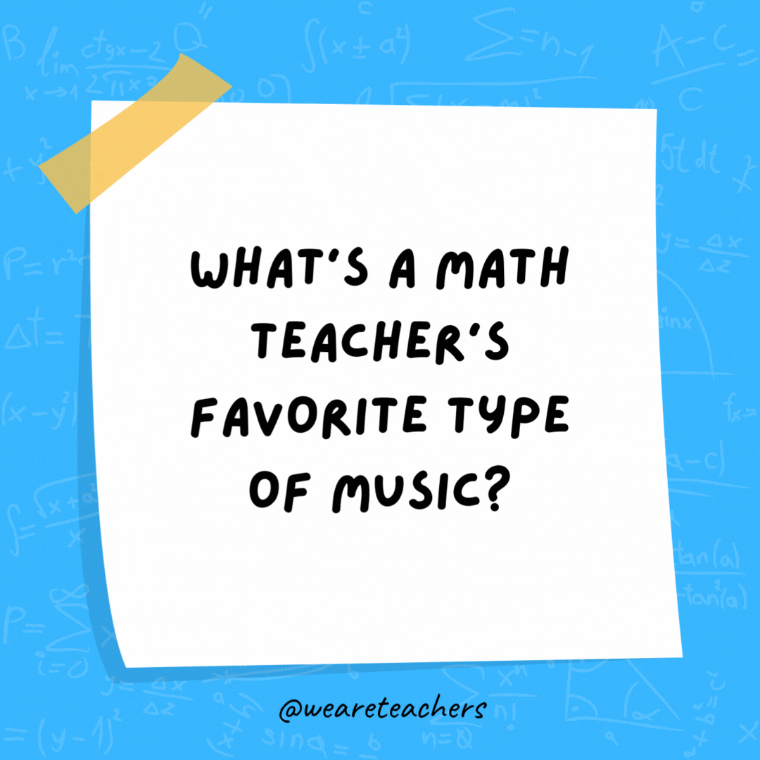 What’s a math teacher’s favorite type of music? Algorithm and blues. What's a math teacher's favorite type of music?
Algorithm and blues.