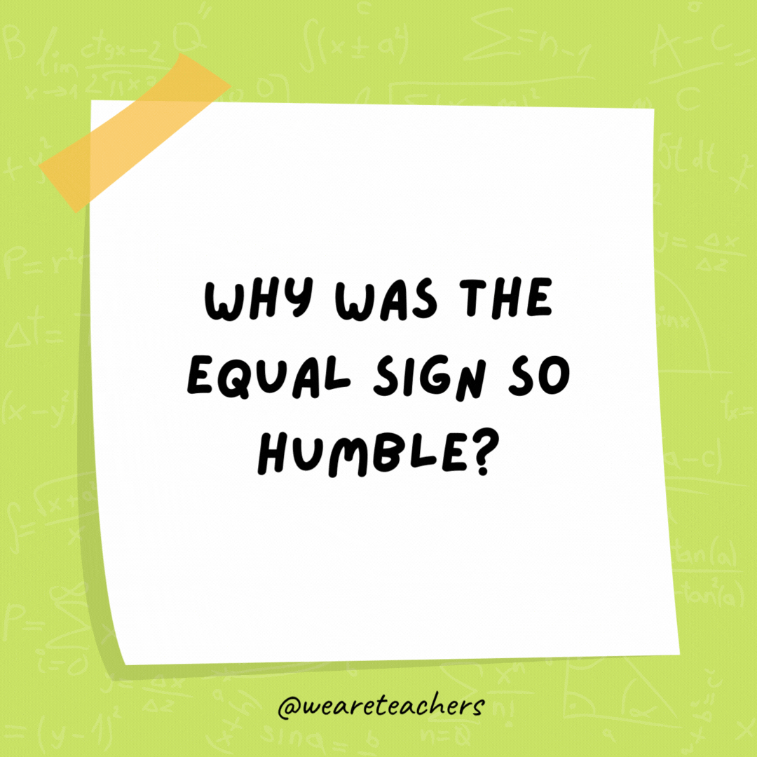 Why was the equal sign so humble? He knew he wasn’t less than or greater than anyone else. Why was the equal sign so humble? He knew he wasn't less than or greater than anyone else. - math jokes