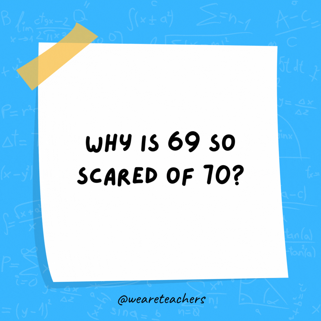 Why is 69 so scared of 70? Because they had a fight and 71. Why is 69 so scared of 70?
Because they had a fight and 71.