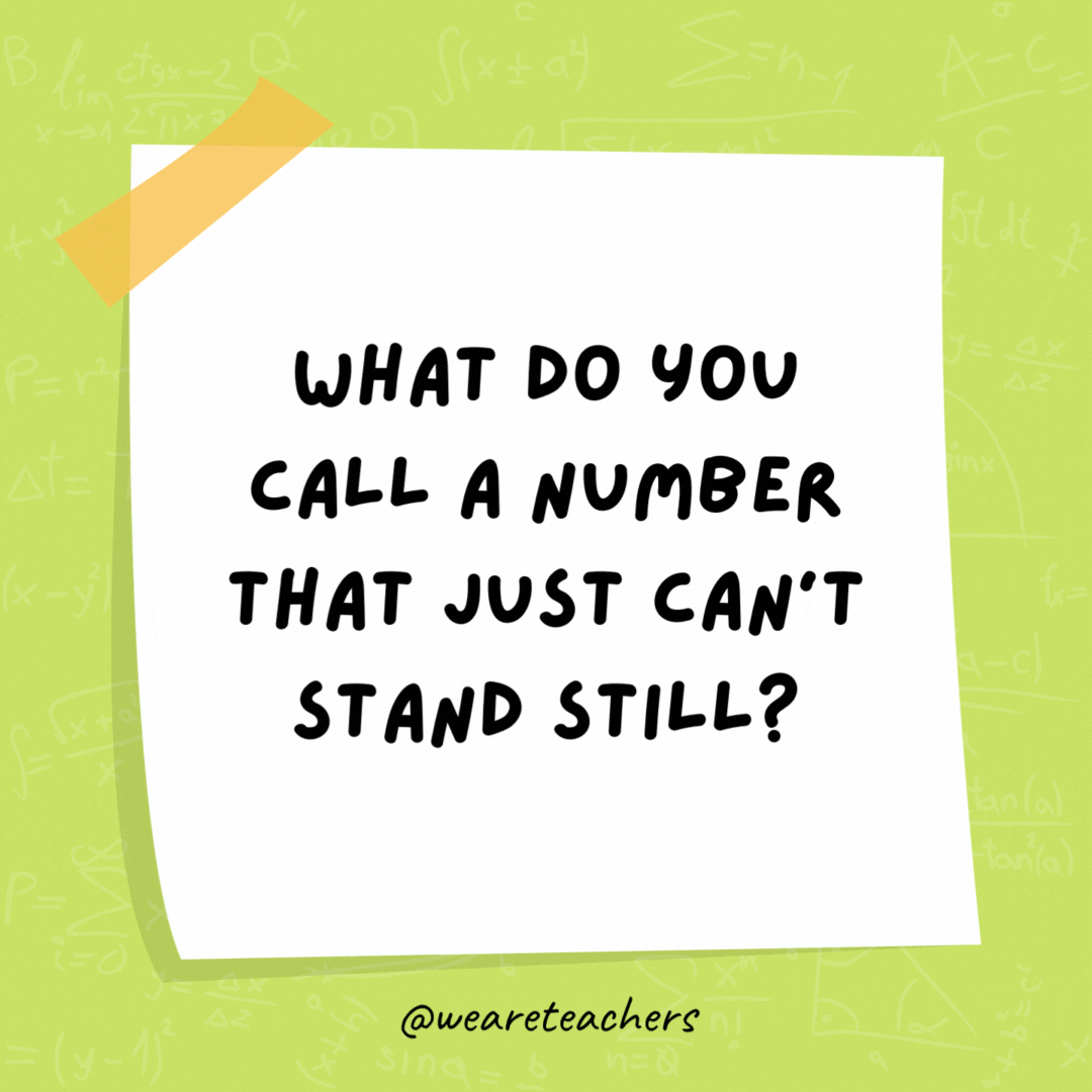 What do you call a number that just can’t stand still? A roamin numeral. What do you call a number that just can't stand still? A roamin numeral.- math jokes