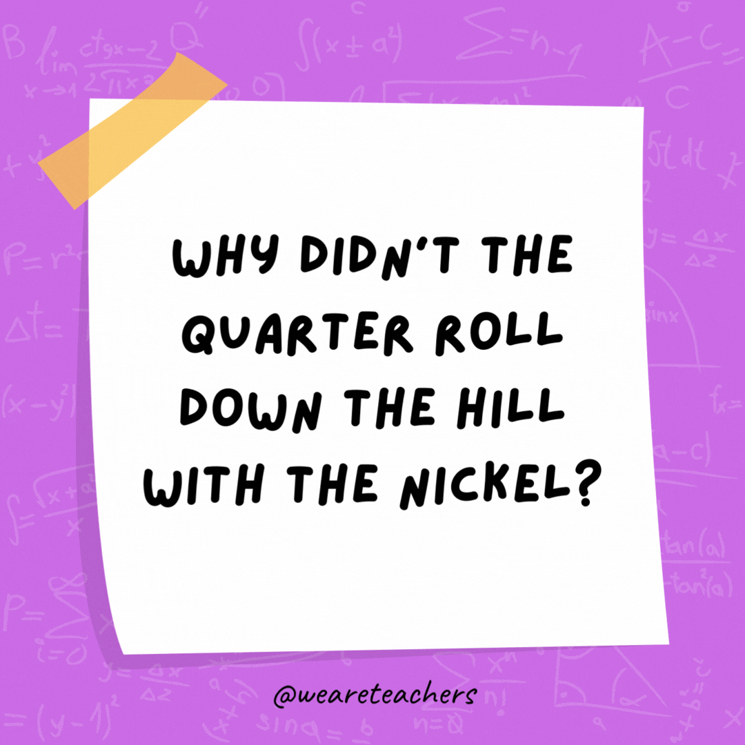 Math Jokes 27_v2 Why didn't the quarter roll down the hill with the nickel?