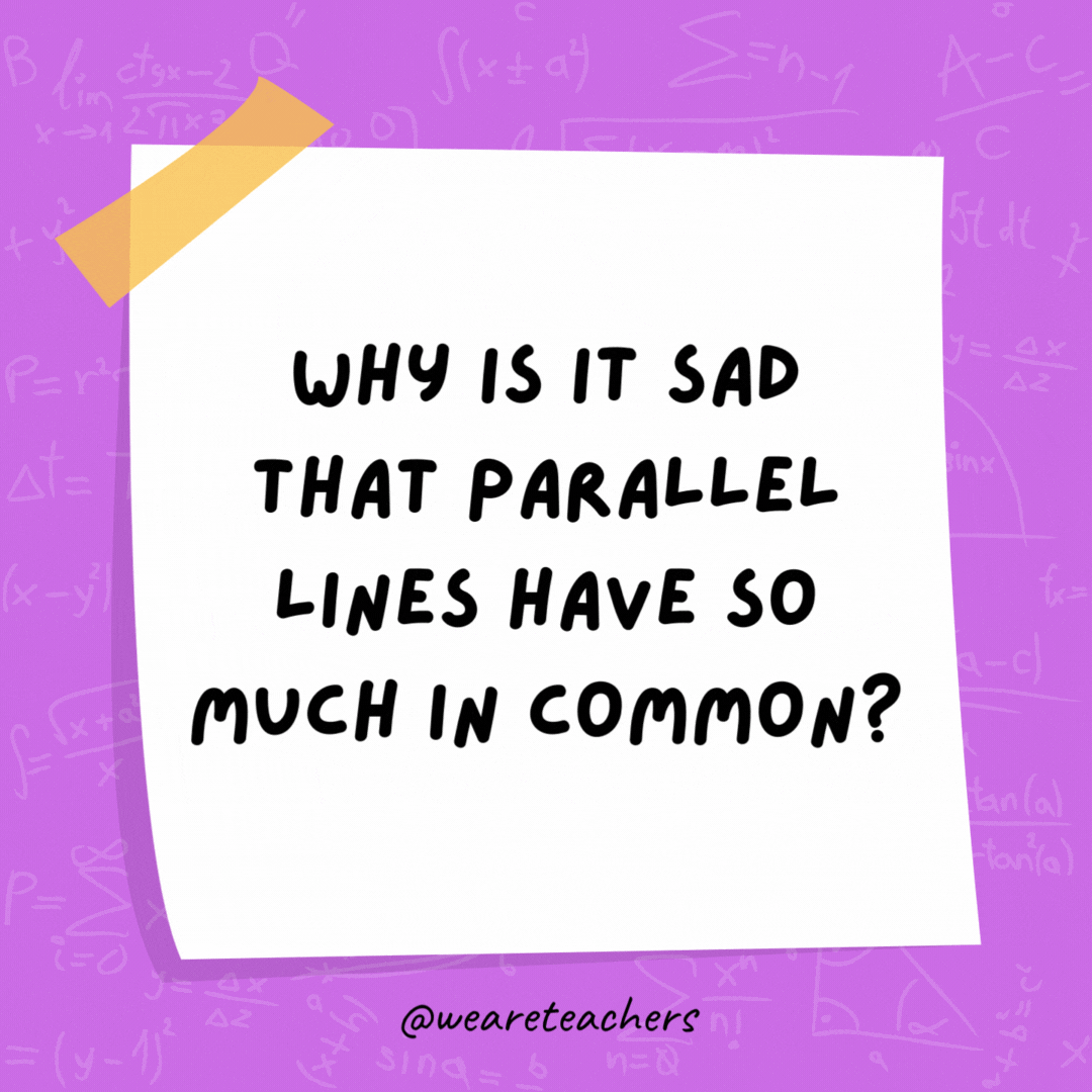Why is it sad that parallel lines have so much in common? Because they’ll never meet. Why is it sad that parallel lines have so much in common? Because they’ll never meet.