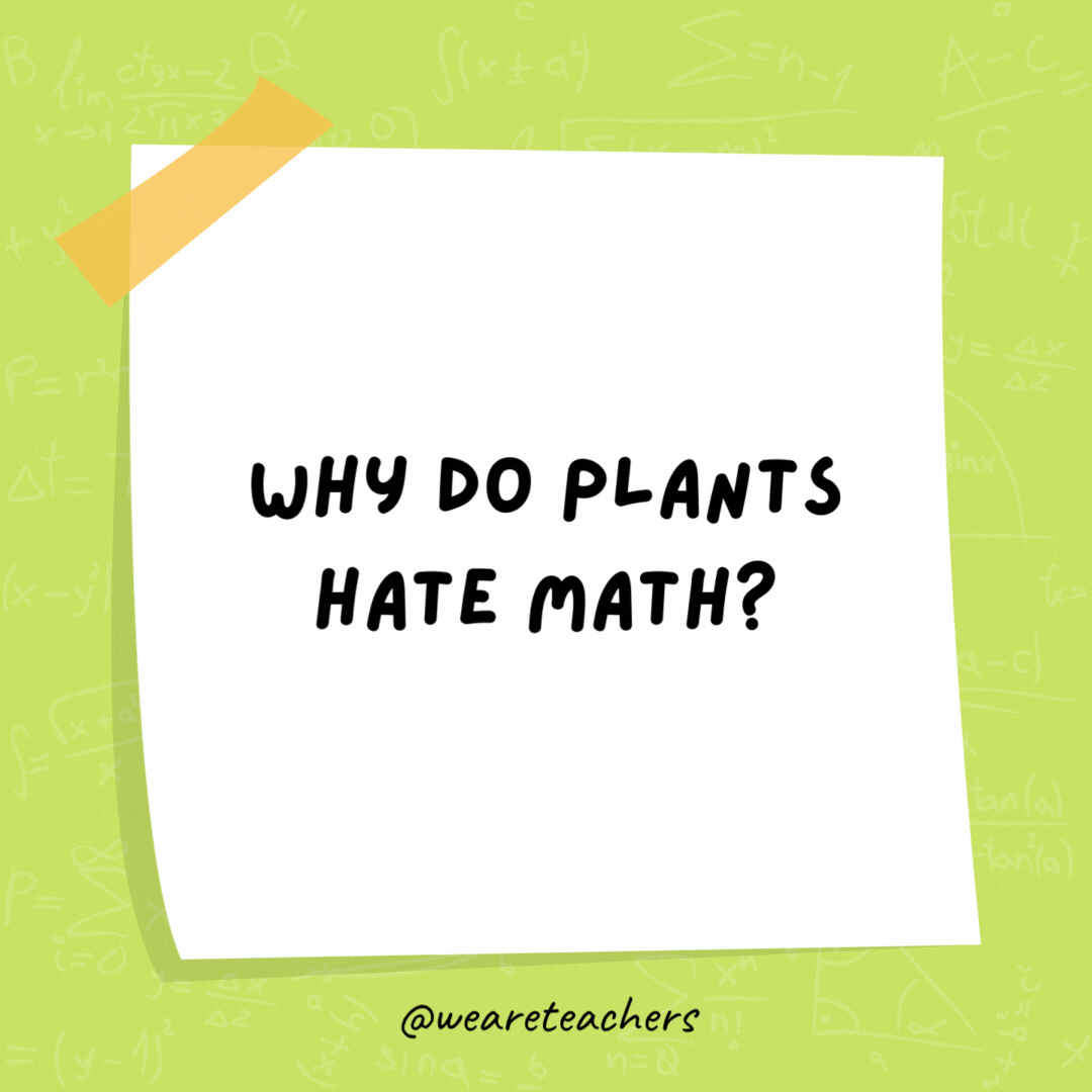 Why do plants hate math? Because it gives them square roots. Why do plants hate math? Because it gives them square roots.- math jokes