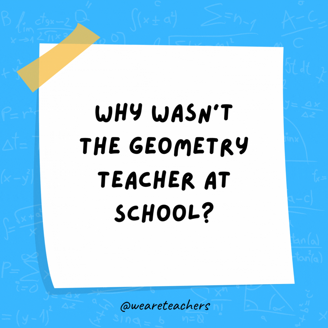 Why wasn’t the geometry teacher at school? Because she sprained her angle. Why wasn't the geometry teacher at school? Because she sprained her angle.