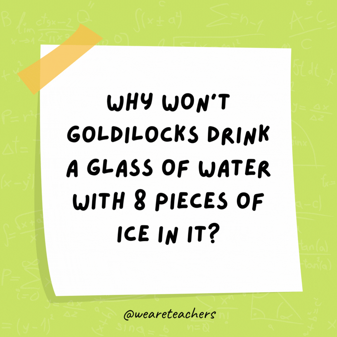 Why won’t Goldilocks drink a glass of water with 8 pieces of ice in it? It’s too cubed. Why won't Goldilocks drink a glass of water with 8 pieces of ice in it? It's too cubed. - math jokes