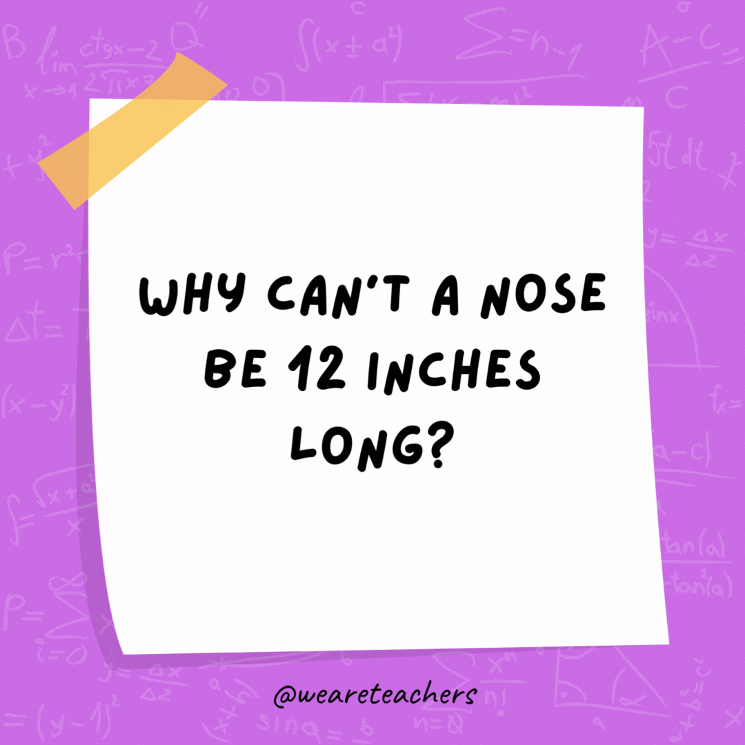 Why can’t a nose be 12 inches long? Because then it would be a foot. Why can’t a nose be 12 inches long? Because then it would be a foot.