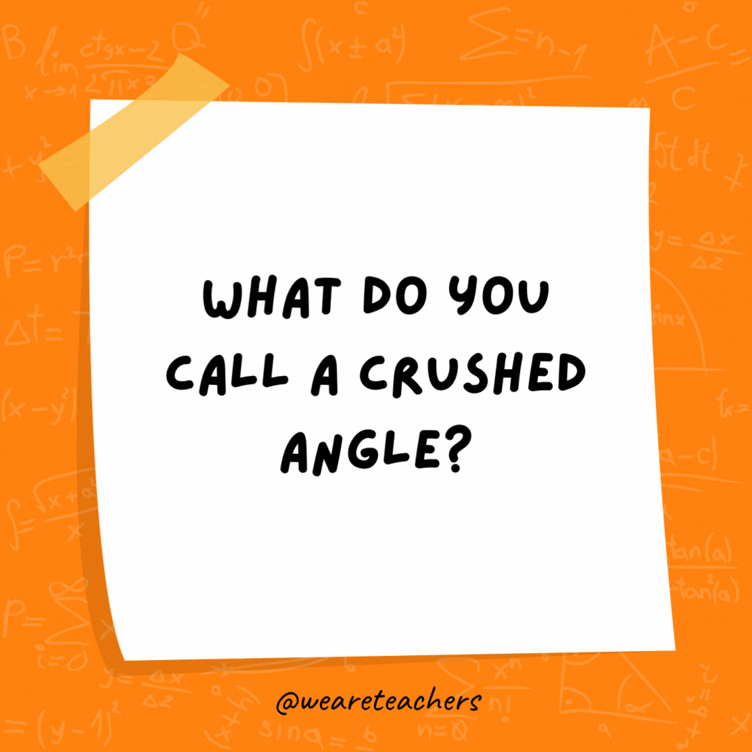 What do you call a crushed angle? A wrecked angle. What do you call a crushed angle? A wrecked angle.- math jokes