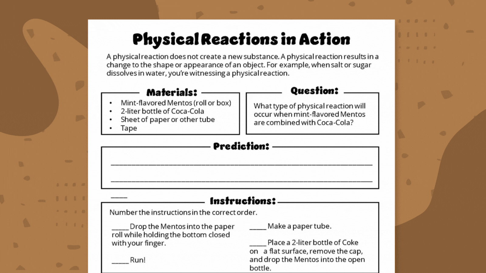 Mentos and Coke Experiment GIF featuring Mentos and Coke worksheet pages.