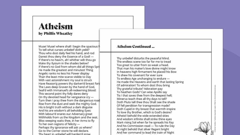 Atheism Printable Phillis Wheatley poem called Atheism