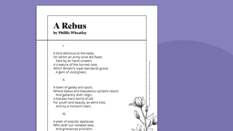 A Rebus Printable Phillis Wheatley poem called A Rebus