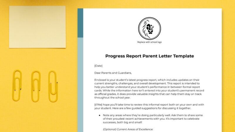 Progress Report Parent Letter Template Student progress report letter to parents on a desk.