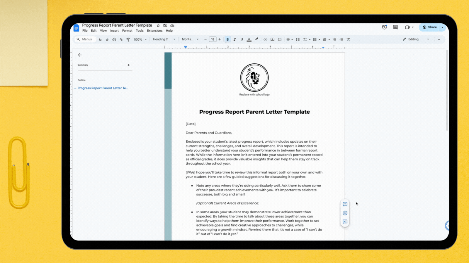 Progress Report Parent Letter Template GIF Gif showing parent progress report letter scrolling on tablet.