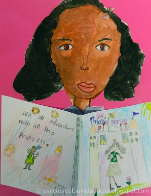 Reading Self-Portraits Example of a self-portrait, with a girl reading a book she made called Princess Stories