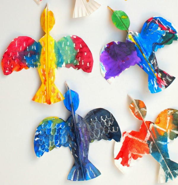 Tropical Bird Paper Plate Crafts Four colorful birds made out of paper plates