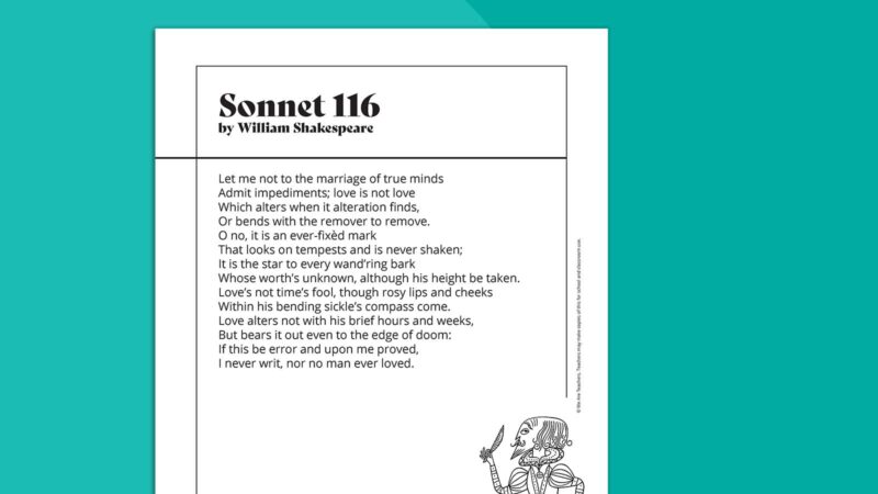 Sonnet 116 William Shakespeare Printable poem called Sonnet 116 by William Shakespeare on teal background.