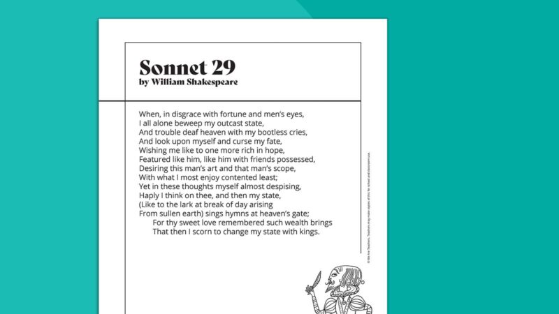 Sonnet 29 by William Shakespeare Printable poem called Sonnet 29 by William Shakespeare on teal background.