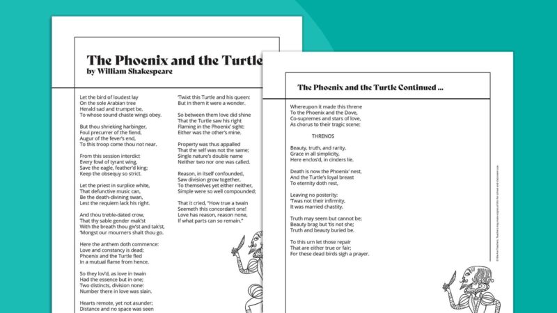 The Phoenix and the Turtle William Shakespeare Printable poem called The Phoenix and the Turtle by William Shakespeare on teal background.
