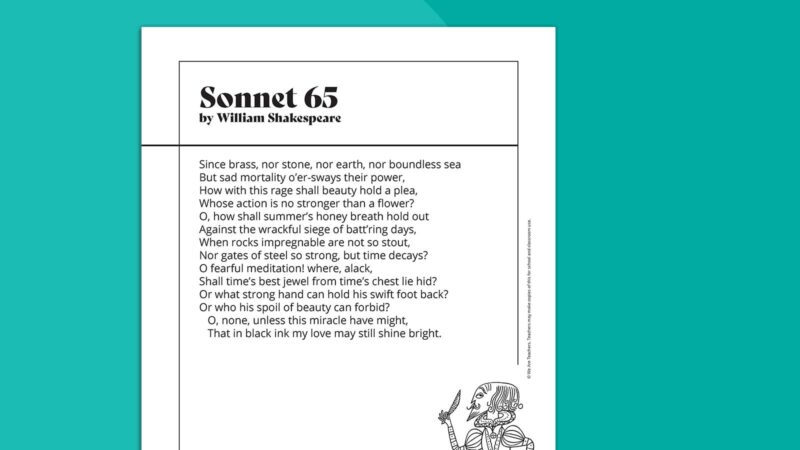 Sonnet 65 by William Shakespeare Printable poem called Sonnet 65 by William Shakespeare on teal background.