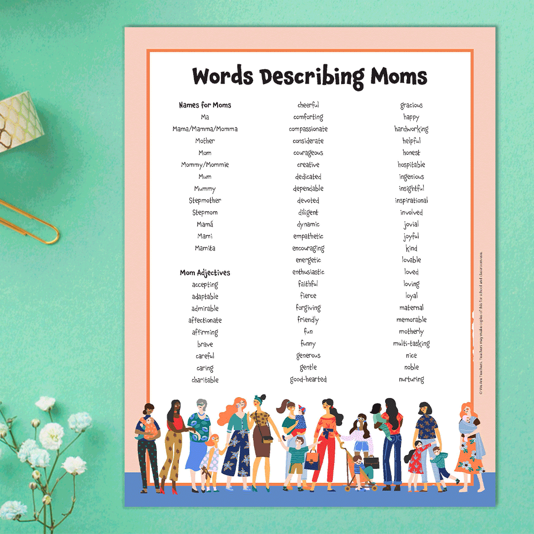 Words Describing Moms GIF Gif featuring a printable of words describing moms on a green background with flowers.