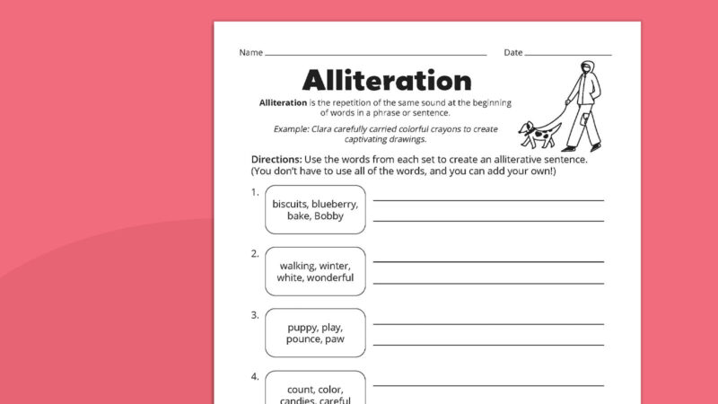 Alliteration Worksheet Flat lay of alliteration worksheet