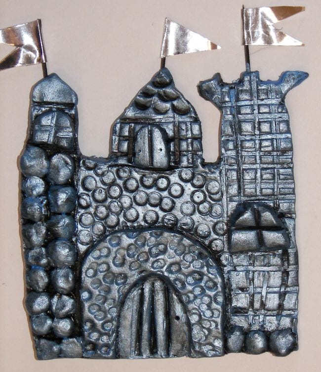 Fourth Grade Art Clay Castles Flat castle made of textured clay painted silver
