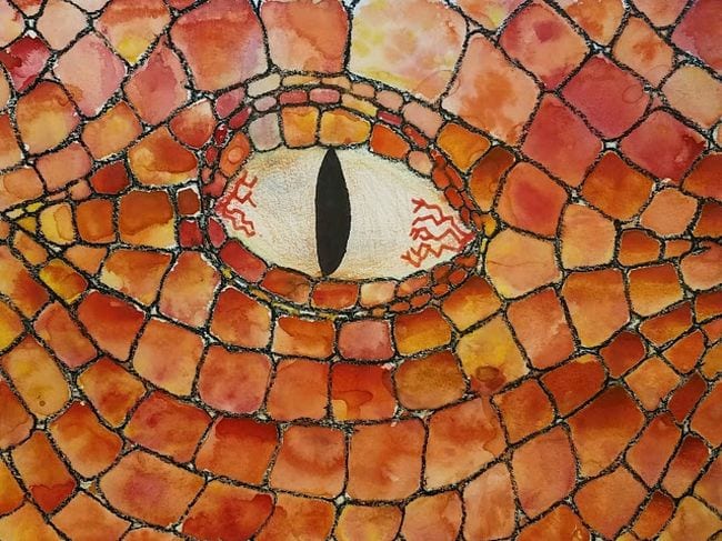 Fourth Grade Art Dragon Eyes Close-up of a dragon eye made with watercolor resist and colored pencil