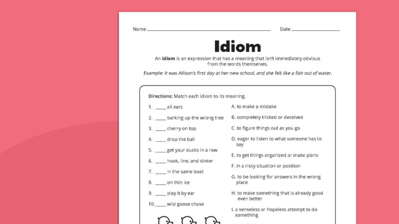 Idiom Worksheet Flat lay of idiom worksheet