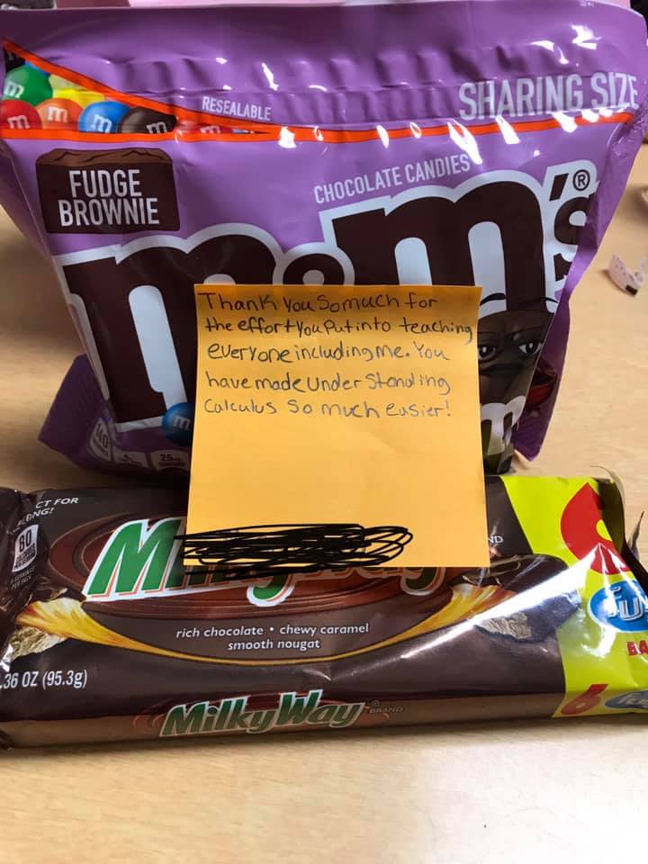 Teacher Thank You M&Ms and a sticky note for a thank you note to teacher