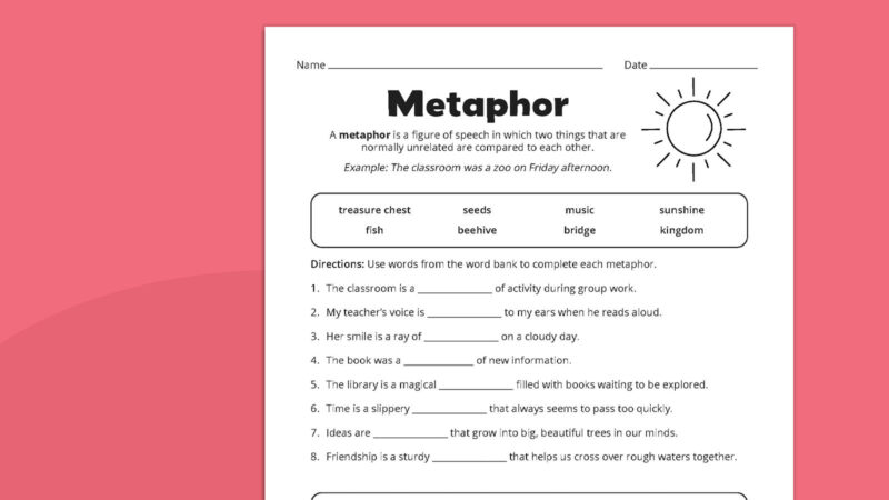 Metaphor Worksheet Flat lay of metaphor worksheet