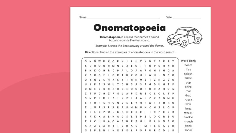 Onomatopoeia Worksheet Flat lay of onomatopoeia worksheet