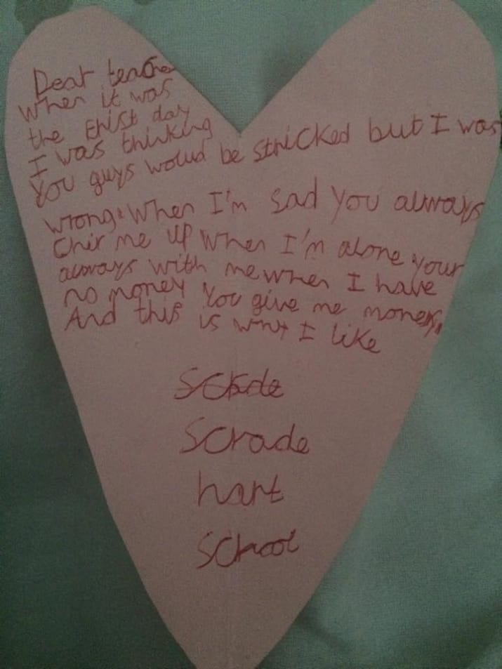 When it was the first day, I was thinking you guys would be strict, but I was wrong! - Thank you note to teacher