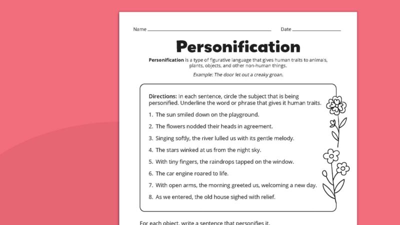 Personification Worksheet Flat lay of personification worksheet