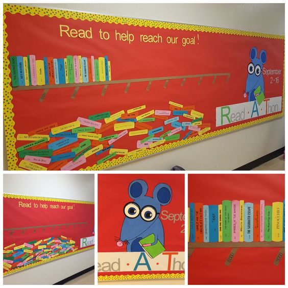 Read-a-thon Bulletin Board Read-a-thon bulletin board with books added to a shelf as money is raised