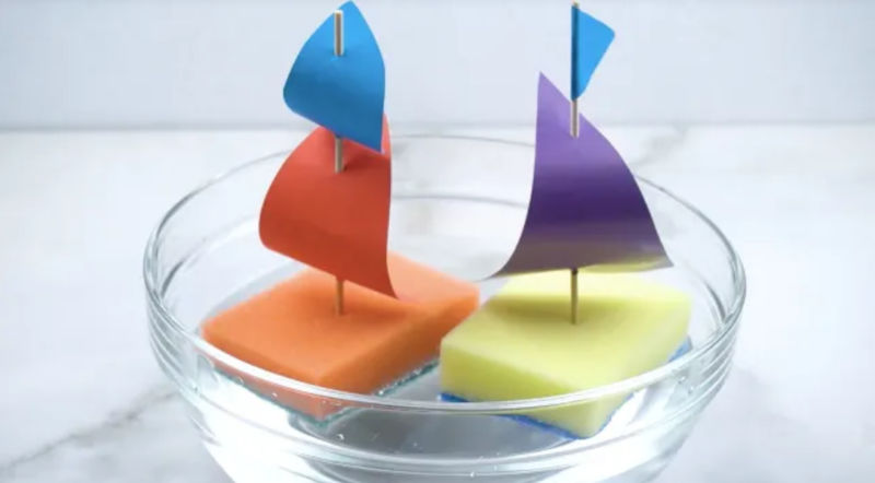 sailboat Two sailboats are constructed from sponges, toothpicks, and paper as sails. They are seen floating in a bowl of water (second grade art)
