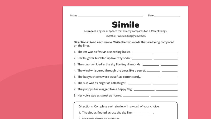 Simile Worksheet Flat lay of simile worksheet
