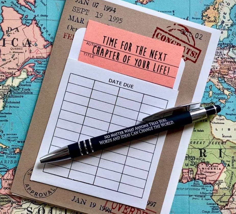 Teacher retirement card made to look like a vintage library book due date card