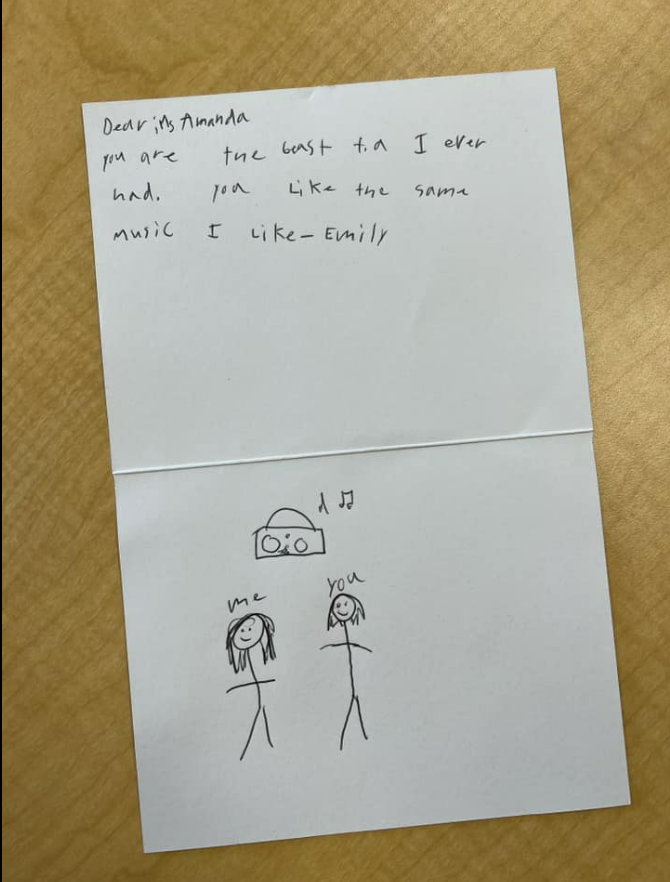 teacher-thank-you-notes-amanda-e-c Amanda E.C. shared this note from a student who appreciated their similar musical tastes - thank you note to teacher.