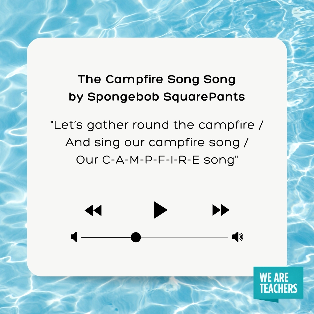 Let’s gather round the campfire And sing our campfire song Our C-A-M-P-F-I-R-E song Let’s gather round the campfire
And sing our campfire song
Our C-A-M-P-F-I-R-E song