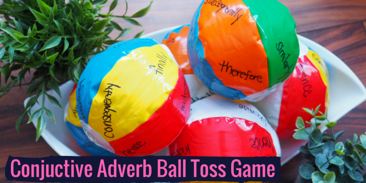 adverb-ball-toss Colorful beach balls with conjuctive adverbs written on each section with marker as an example of grammar games