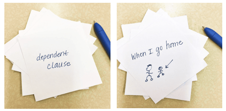 write-and-draw Two stacks of cards- one with words written on it and one with a drawing on it as an example of grammar games