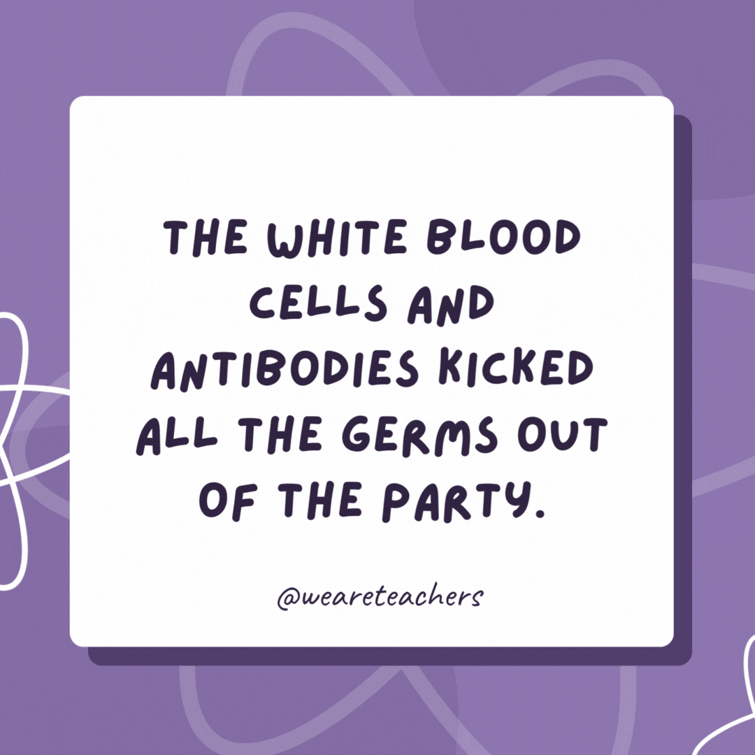 The white blood cells and antibodies kicked all the germs out of the party. The germs said, “Well, fine, you weren’t a very good host anyway.” The white blood cells and antibodies kicked all the germs out of the party.
The germs said, “Well, fine, you weren’t a very good host anyway.”