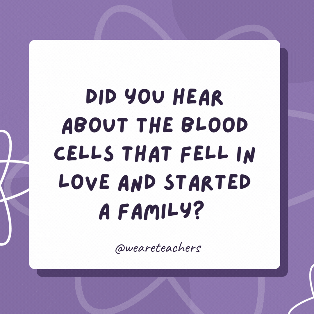 Did you hear about the blood cells that fell in love and started a family? Sadly, it was all in vein. Did you hear about the blood cells that fell in love and started a family?
Sadly, it was all in vein.- biology jokes