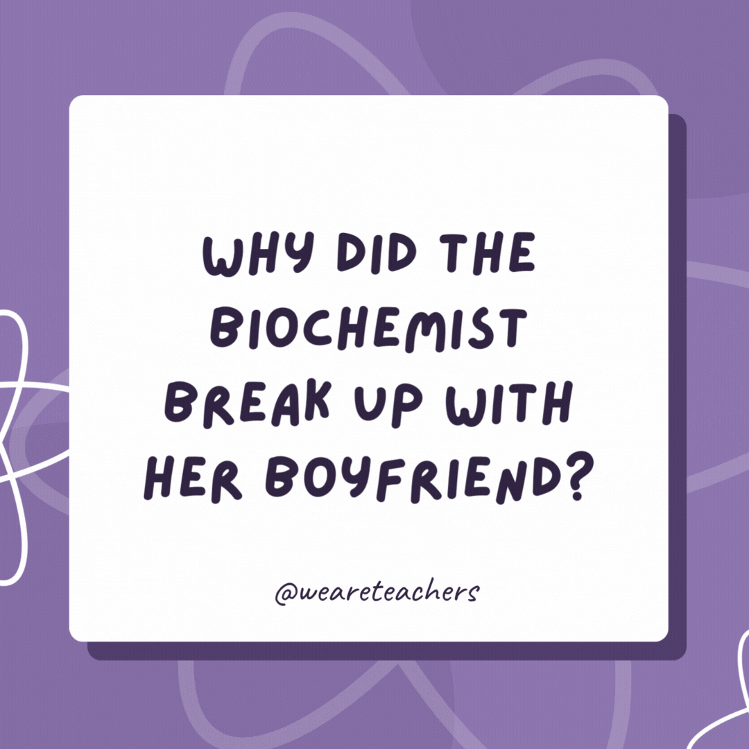 Why did the biochemist break up with her boyfriend? He was too basic. Why did the biochemist break up with her boyfriend?
He was too basic.