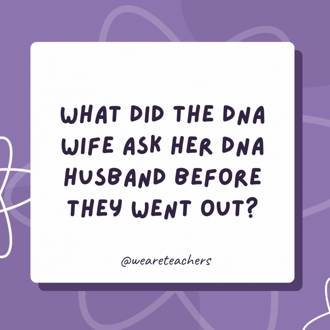 What did the DNA wife ask her DNA husband before they went out? “Do these genes make me look fat?” What did the DNA wife ask her DNA husband before they went out?