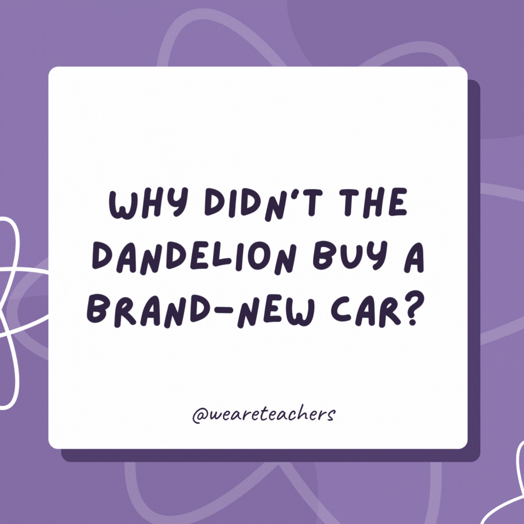 Why didn’t the dandelion buy a brand-new car? Because plants are always a “hard cell.” Why didn’t the dandelion buy a brand-new car?
Because plants are always a “hard cell.”- biology jokes